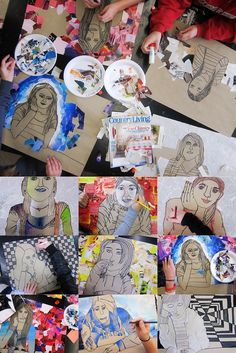 several pictures of people holding up paper cutouts with their faces and hands on them