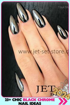 Shiny black chrome almond nails with a mesmerizing reflective surface. These bold, sophisticated nails are perfect for making a bold fashion statement. Ideal black chrome nails for showcasing unique style. Black Chrome Nails Almond, Chrome Nails Almond, Chrome Almond Nails, Chrome Almond, Sophisticated Nails