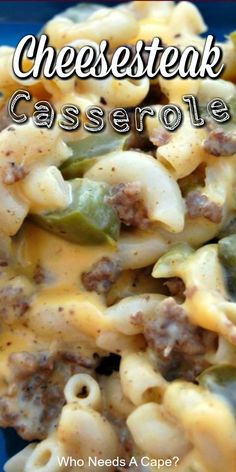 cheesesteak casserole with green beans and peppers on a blue platter