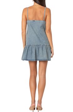 Traditionally rugged denim gets a date-ready makeover in this all-cotton shift dress made even sweeter with dainty bow straps and a ruffled hem. Slips on over head Square neck Adjustable tie straps 100% cotton Machine wash, line dry Imported Cotton Shift Dress, Favorite Daughter, Denim Mini Dress, Maternity Shops, Designer Clothes For Men, Modern Outfits, Women's Summer Fashion, Toddler Girl Outfits, Athletic Women