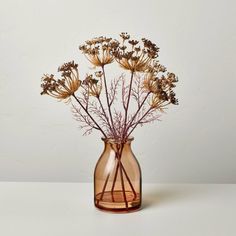 a glass vase filled with dried flowers on top of a table