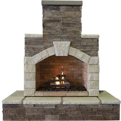 a stone fireplace with an open door and fire in the center, on a white background