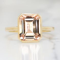 3.4ct EMERALD CUT MORGANITE SOLITAIRE RING BEZEL 14K YELLOW GOLD PINK NATURAL Peach Engagement Ring, Peach Morganite Engagement Ring, Morganite Solitaire Ring, Pink Emerald, Bezel Engagement Ring, Peach Morganite, Ring Bezel, Timeless Luxury, Bezel Ring