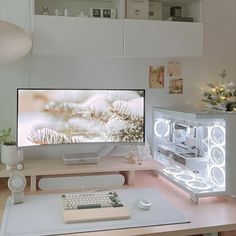 a computer monitor sitting on top of a desk next to a keyboard and mouse pad