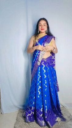 Blue Draped Saree With Dupatta, Royal Blue Traditional Drape Saree For Party, Blue Dola Silk Pre-draped Saree With Traditional Drape, Blue Chinon Pre-draped Saree, Blue Dola Silk Pre-draped Saree