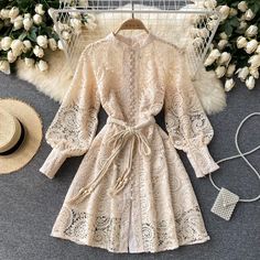 Lasaky - Vintage-Inspired Lace Hollow Lantern Sleeve Mandarin Collar Embroidered Dress Embroidery Stand, Vintage Mini Dress, Vintage Mini Dresses, Women Lace Dress, Embroidered Lace Dress, Up Party, Lantern Sleeve Dress, Runway Dresses, Designer Vintage