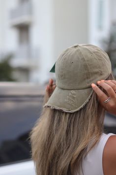 Distressed Bright Olive Hat Adjustable Distressed Brimmed Hat, Khaki Visor Hat For Spring, Distressed Short Brim Summer Hats, Summer Distressed Hats With Short Brim, Distressed Curved Brim Hat For Summer, Trendy Curved Brim Distressed Dad Hat, Distressed Curved Brim Hats For The Beach, Trendy Distressed Dad Hat With Curved Brim, Summer Distressed Short Brim Hats