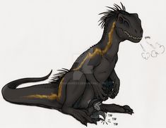 a drawing of a black and yellow dinosaur with long, spiky hair sitting on the ground