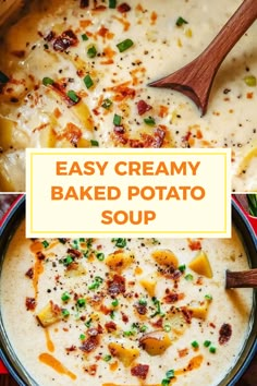 This pin features a delicious creamy baked potato soup, showcasing the rich and warming flavors with crispy bacon and melted cheese. Enjoy the perfect comforting bowl from two appealing visuals. Potato Soup Dutch Oven Recipes, Potato Soup Protein, One Pot Potato Soup, Potato Soup Recipe Healthy, Cream Of Potatoes Soup Recipes, Potato Soup Old Fashioned, Potato Soup Heavy Cream, Panera Potato Soup Recipe, Easy Potato Soup Stovetop