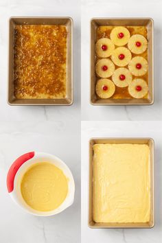 four pans filled with different types of food on top of a white countertop