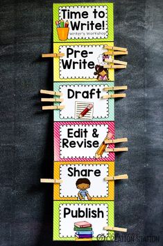 four books on clothes pegs with the words time to write and pre - write