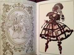 an open book with pictures of women in dresses on the cover and inside pages showing designs