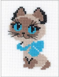 a cross stitch pattern of a cat with blue eyes and a bow on it's tail