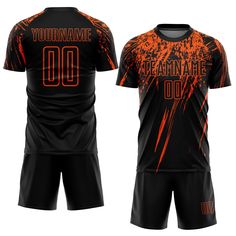 Custom Soccer Uniforms - Custom Black Orange Sublimation Soccer Uniform Jersey Pink Sublimation, Custom Sportswear, Logo Number, Soccer Uniforms, Blue Football, Custom Fans, Jersey Design, Soccer Jersey, Black Media