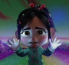 an animated girl with her hands up in front of the sky and stars above her head