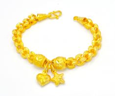 Yellow Jewelry For Anniversary And Festivals, Handmade Gold Chain Bracelet As Gift, Yellow 22k Gold Bracelet For Festive Occasions, Festive 22k Gold Yellow Bracelets, Yellow 22k Gold Festive Bracelet, Festive Yellow 22k Gold Bracelet, Handmade Gold Charm Bracelet With Round Beads, Handmade Gold Chain Bracelet With Round Beads, 22k Gold Yellow Dangle Jewelry