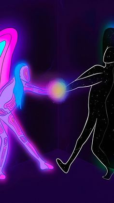 an image of a man and woman dancing in the dark with neon lights on them