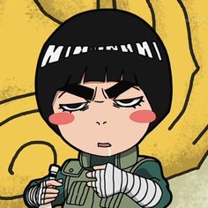 an anime character with black hair and green jacket holding a white object in her hand