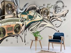 an artistic wall mural with boomboxs and speakers on it, in a living room