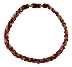 a red, yellow and white braided necklace with gold accents on a white background