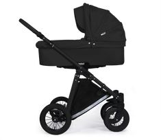 a black stroller with an orange handlebar