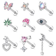 six pairs of piercings with different designs