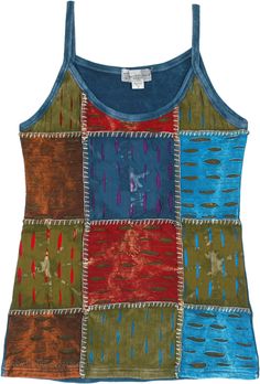 An artistic tank top with razor-cut patchwork design in green, red, rust and blue colors to keep you cool and fresh this summer.  With a unique patchwork of razor-cut elements and tie-dye details in a block pattern, this top truly stands out from the crowd. #tlb #Sleeveless #Patchwork #Stonewash #TieDye #bohemianfashion #Handmade #Hippietanktop #nepaltanktop Sleeveless Cotton Tank Top With Patchwork, Multicolor Cotton Patchwork Tank Top, Spring Cotton Tank Top With Patchwork, Bohemian Patchwork Tank Top For Summer, Multicolor Patchwork Casual Tank Top, Summer Tank Tops With Patchwork, Casual Multicolor Patchwork Tank Top, Summer Festival Patchwork Tops, Casual Patchwork Tank Top