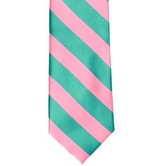 Check out the fun color combination on this striped necktie! Mermaid (a bright blue-green) blends splendidly with pink for a tropical island feel. Wear it for a classy poolside party in the summer or for a fun splash of color on your wedding day. Either way, you're sure to get noticed is this cheeky combination! This tie is a regular length and width, so it's sized for most adults. The stripes have a collegiate feel at 0.75-inches wide. The material is heavyweight and durable while the fabric fe Green Summer Standard Tie, Green Standard Tie For Summer, Striped Summer Tie, Striped Summer Ties, Poolside Party, Fun Color, Tropical Island, Matching Accessories, Striped Tie