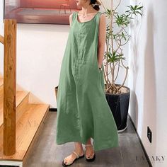 Lasaky - Literary Loose Pure Color Camisole Dress with Inner Layer Long Skirt Patty Dress, Robes D'occasion, Linen Fashion, Summer Linen Dresses, Linen Tank, Round Neck Shirt, Camisole Dress, Sleeves Clothing, Maxi Robes