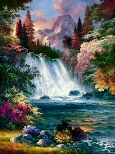 a painting of a waterfall in the woods