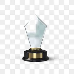 a glass trophy on a black base with gold trimmings and a white background