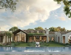 an artist's rendering of a house with a pool in the foreground and trees around it