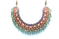 Indian Gold, Emerald, Ruby and Diamond Jaipur Enamel Fringe Necklace In Good Condition For Sale In New York, NY Mughal Jewelry, Ruby Diamond Necklace, Diamond Necklace Indian, Indian Necklace, Emerald Bead, Fringe Necklace, Ruby Diamond, Emerald Jewelry, Dream Jewelry