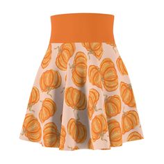 Cute autumn pumpkin skirt for women. Fun fall fashion for Thanksgiving.  A versatile fit AOP skater skirt with a cozy, soft touch and a casual look.  .: 95% Polyester 5% Spandex .: Versatile fit .: Printed on care label in black color .: White thread color .: Assembled in the USA from globally sourced parts Pumpkin Skirt, Cute Autumn, Skirt For Women, Care Label, Fall Fun, Fall Pumpkins, Skater Skirt, Casual Looks, Black Color