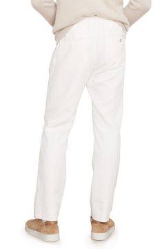 Easy to wear with casual or elevated looks, these nicely draped pants have a clean, versatile hue and a slim fit that still offers room to move. 62% Tencel® lyocell, 36% cotton, 2% spandex   Tencel lyocell is a sustainably produced fiber made with closed-loop processing   Hand wash, dry flat   Imported White Linen Bottoms With Straight Hem, Elegant White Bottoms With Five Pockets, Modern White Tapered Leg Pants, White Linen Tapered Leg Pants, White Linen Pants With Straight Hem, Linen Workwear Bottoms With Five Pockets, Linen Bottoms With Five Pockets For Work, Modern Straight Fit Bottoms With Straight Hem, Straight Leg Linen Pants With Five Pockets