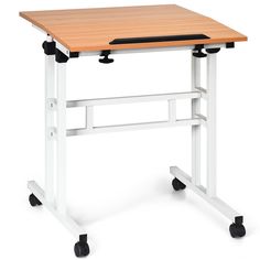 a computer desk on wheels with a wooden top and white frame, in front of a white background