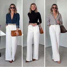 White Pant Outfit Ideas, Cream Wide Leg Pants Outfits Work, Business Casual Outfits For Women Dinner, Cream Slacks Outfit Women, White Pants Work Outfit, Pantalon Blanco Outfit, Wide Leg Pants Outfit Work, Bestie Hangout, Style With Pants