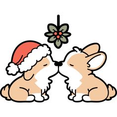 two corgi dogs wearing santa hats kissing each other