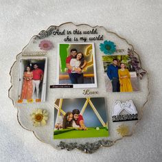 a wall hanging with pictures and words on it