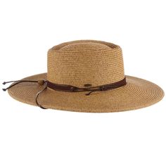 Classy gaucho style hat with flat brim, 4" wide. Sunken crown with straight sidewalls. Faux suede band with waxed cord tie accent. Faux leather chin strap. Adjustable drawstring inside crown. UPF 50+ sun protection hat. One size. 100% toyo braid Adjustable Brimmed Leather Panama Hat, Adjustable Brown Boater Hat With Flat Brim, Adjustable Brown Boater Hat With Flat Crown, Adjustable Natural Boater Hat For Country Events, Adjustable Brimmed Brown Straw Hat, Brimmed Brown Boater Hat For Country Events, Adjustable Wide Brim Boater Hat For Outdoor, Brown Brimmed Boater Hat For Country Events, Adjustable Brown Boater Hat For Country Events