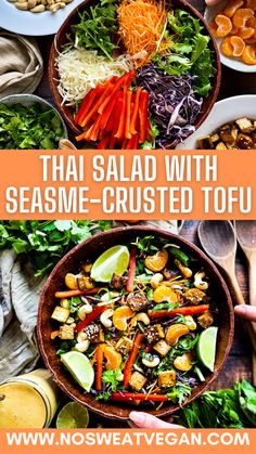 thai salad with sesame - crusted tofu and carrots in bowls on a wooden table