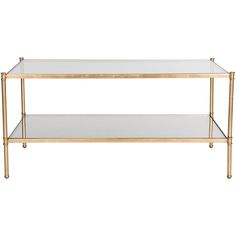 a gold metal and glass coffee table with two shelves on each side, against a white background