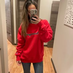 Champion Oversized Sweatshirt. Never Before Worn. Great Condition. Size M Red Oversized Crew Top, Oversized Red Crew Neck Top, Red Oversized Crew Sweatshirt, Oversized Red Crew Neck Sweatshirt, Red Oversized Crew Neck Sweatshirt, Trendy Oversized Red Sweatshirt, Oversized Red Sweatshirt For Streetwear, Red Oversized Sweatshirt For Loungewear, Trendy Red Crew Neck Sweatshirt