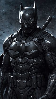 the dark knight batman is standing in front of a black background with his bat out