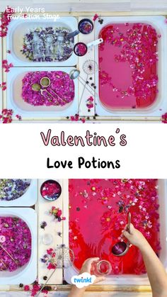 Fun Valentine's Day love potion making! Thanks to @the_bees_knees_adelaide Valentines Early Years Activities, Valentines Day Eyfs Activities, Eyfs Valentines Activities, Poppy Activities For Toddlers, Valentines Day Eyfs, Curiosity Approach Valentines Day, Valentines Tuff Tray, Valentines Tuff Tray Ideas, Valentines Eyfs