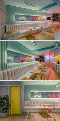 two pictures of the inside of a restaurant with tables, chairs and benches in it