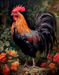 a painting of a rooster standing in front of flowers