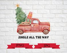 an old red truck with a christmas tree in the back is parked against a white brick wall