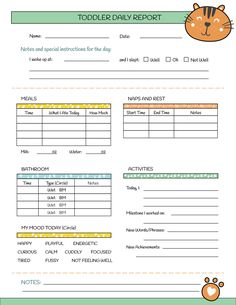 a printable child's daily report with a cat on the front and back