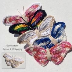 four crocheted butterfly brooches are shown in different colors and sizes, one is white the other is multicolored